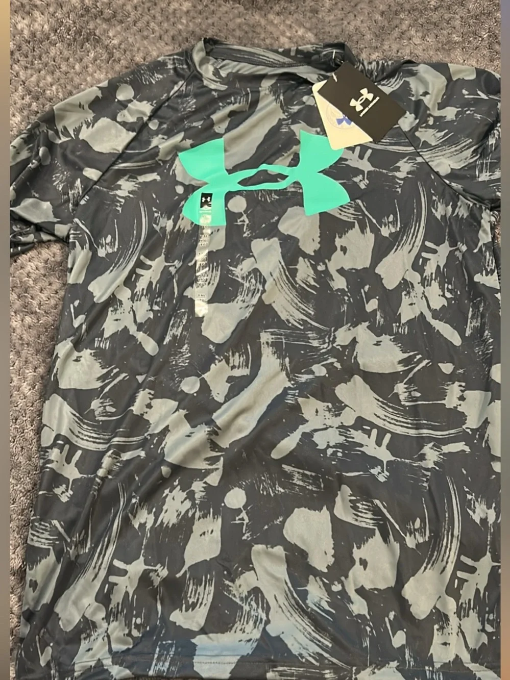 NWT Cute Boys Under Armour Athletic Shirt Grey with Grey Print and Bright Green